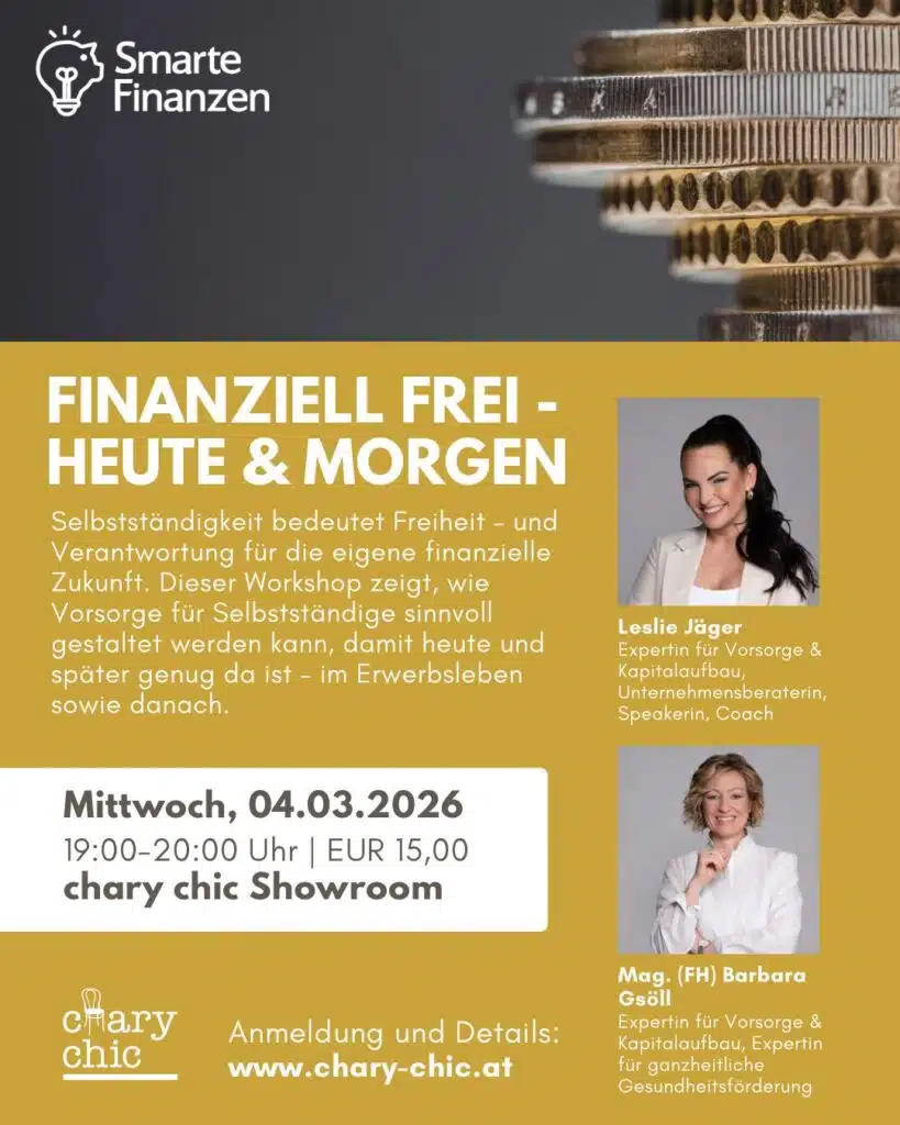 Vortrag zum Thema finanzielle Gesundheit, Finanziell frei, Finanzbildung, chary chic, Weiterbildung, Leslie Jäger, Barbara Gsöll, Vintage Möbel, Upcycling, aus alt mach neu